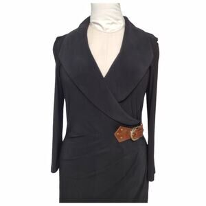 JOSEPH RIBKOFF Vintage Black Knit Jersey Dress Size 6 Pleated Buckle Basic Work